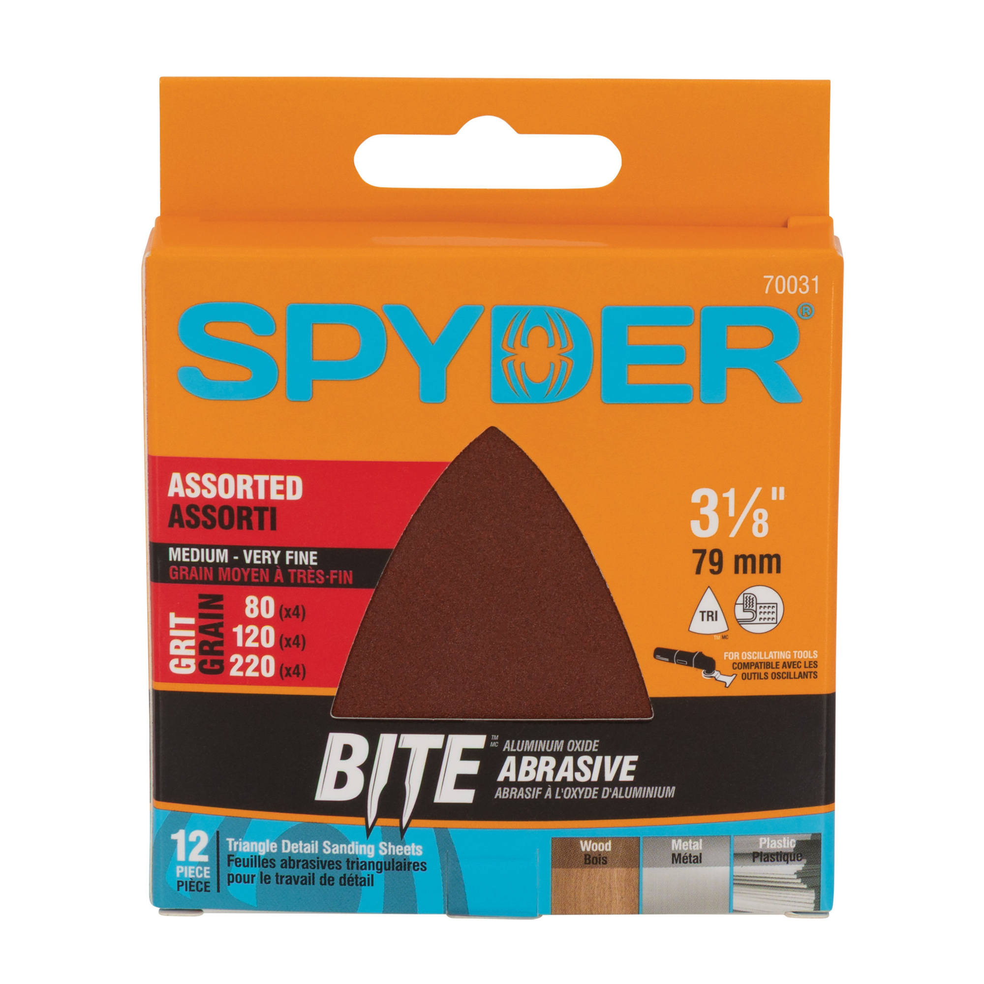 SPYDER 12-Piece 3-1/8-Inch Assorted Aluminum Oxide Triangle Detail Sanding Sheets (80-120 Grit) 70031
